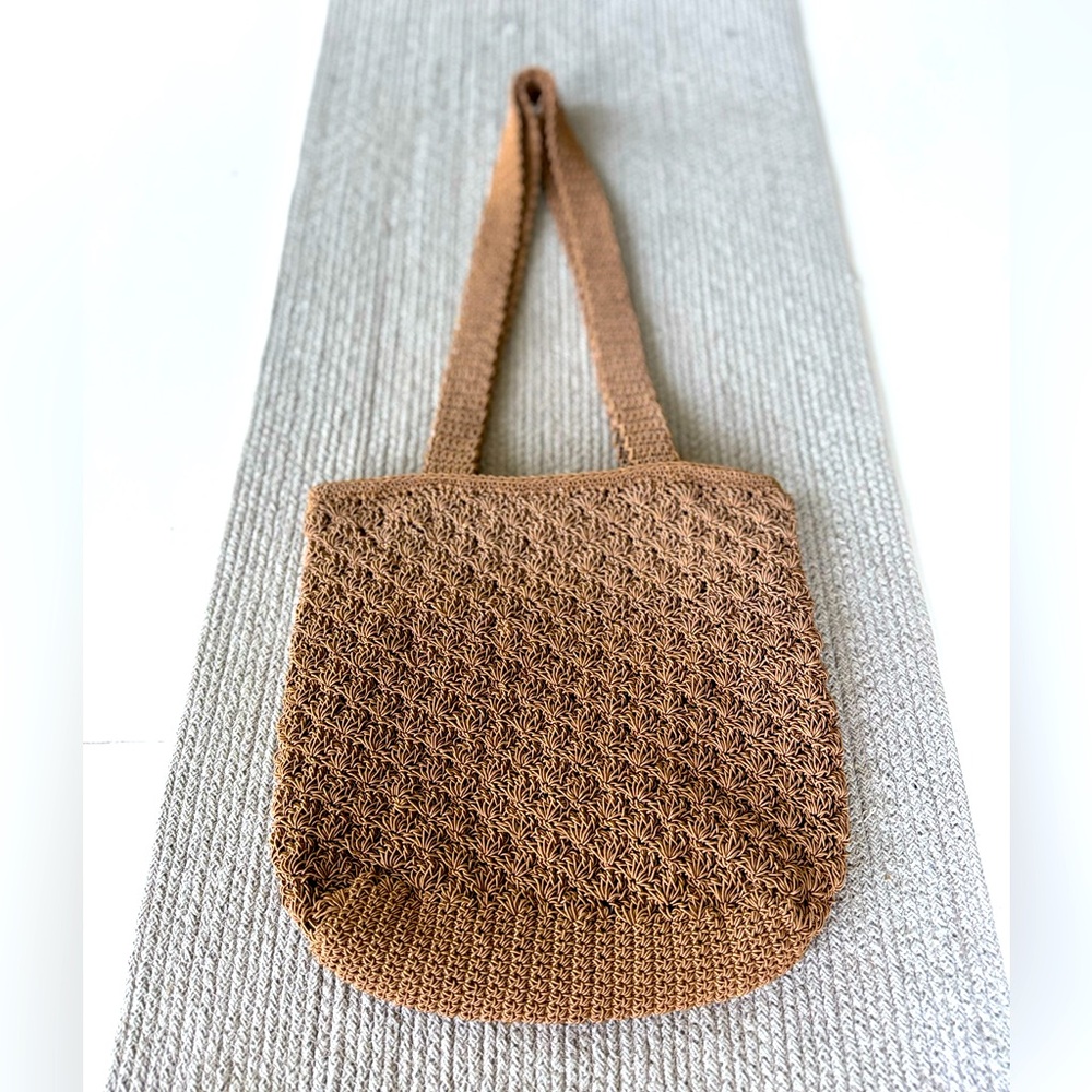 Vintage Tan Crochet Woven Shoulder Tote Bag Made in India